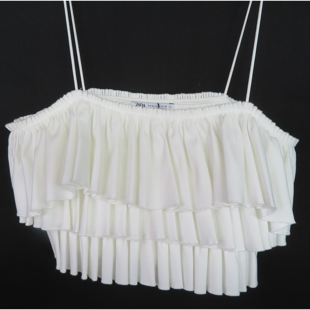 Nwt ZARA White 3-Tier Ruffled Pleated Cropped Top Women's Sz Medium